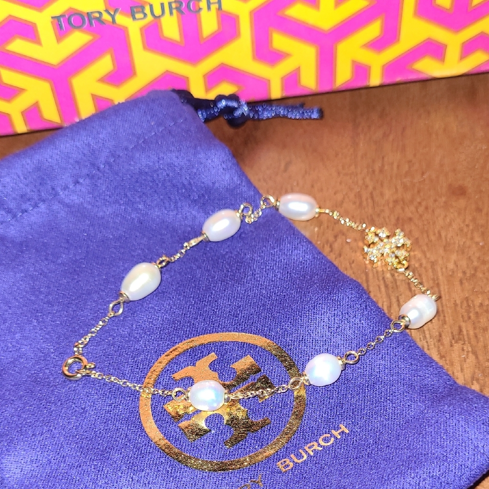 Tory Burch Gold Chain Bracelet with White Pearls